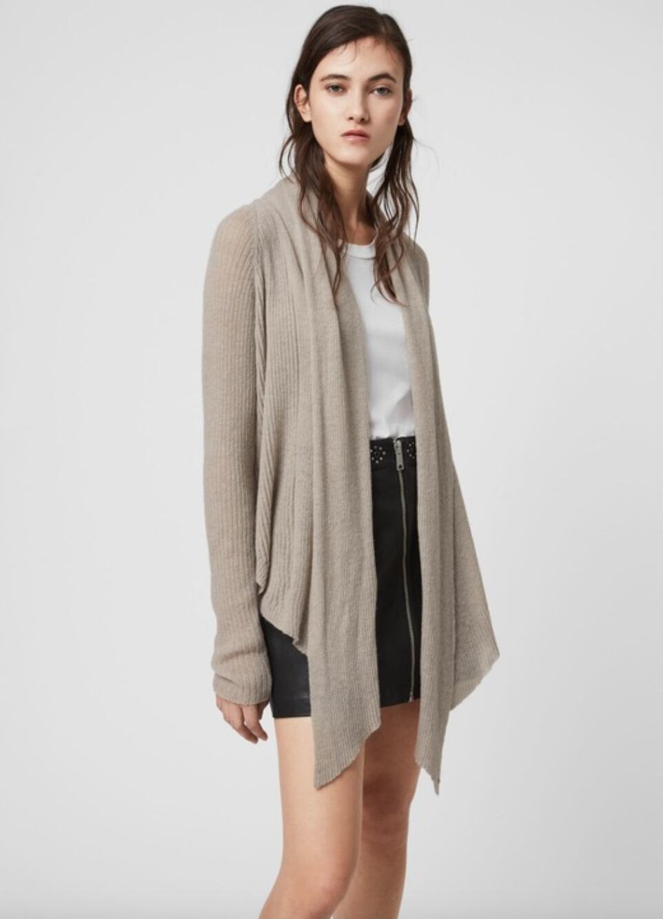 AllSaints Addie Cardigan Beige Wool-Alpaca Blend Shawl Collar Ribbed Knit S